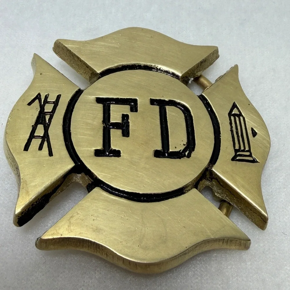 Vintage Solid Brass Firefighter Maltese Cross Belt Buckle Taiwan ROC 883